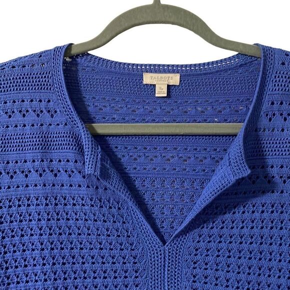 Talbots blue 100% cotton open stitch sweater bracelet sleeves Small Petite - Picture 2 of 10